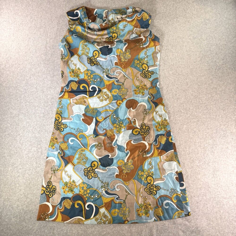 VTG 1960s Psychedelic Satin Dress Mod Abstract Sleeveless Cowl Short S/M Blue